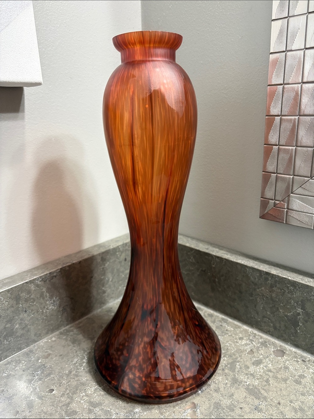 Vintage Amber Tortoiseshell Art Glass Vase - Home Accents - 15”